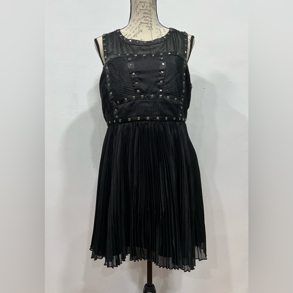 Beulah Style Goth Mini Dress Large Black Sheer Pleated Studded Moto Darkness